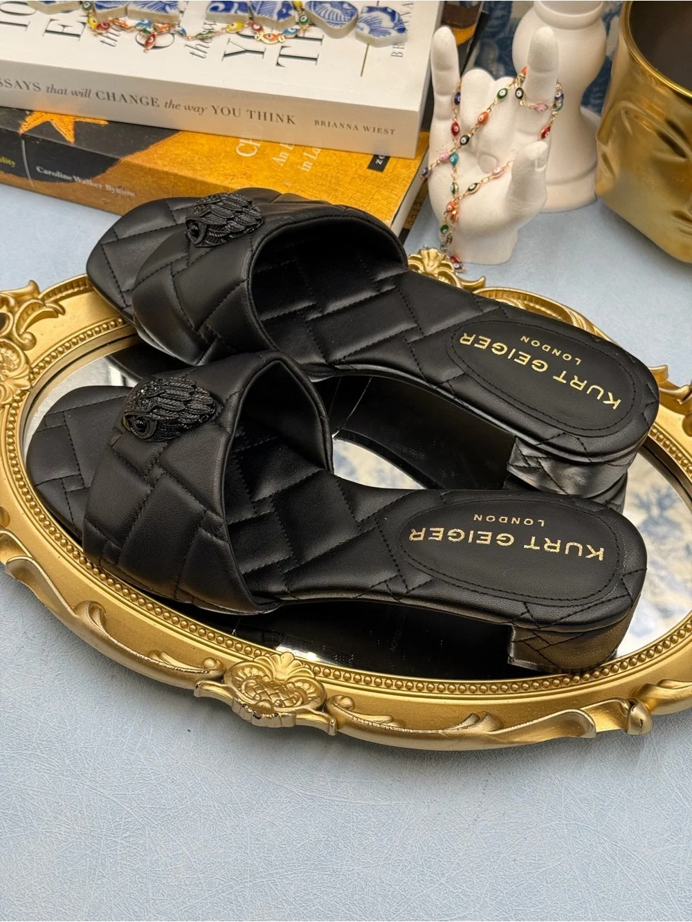 🆕 KURT GEIGER LONDON 🧿 NWOB Black Kensington Quilted Block Heel Sandal, Sz37 7